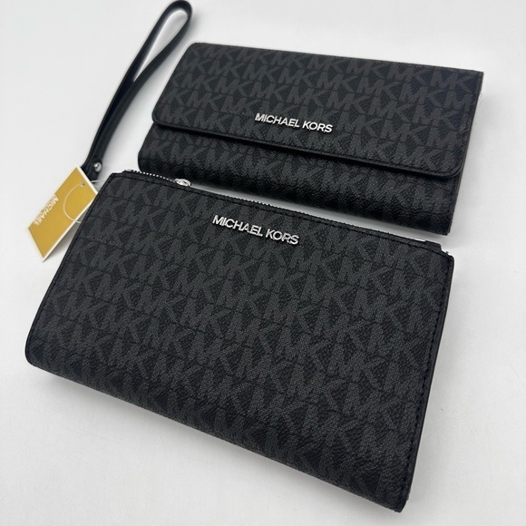 Michael Kors Large Double Zip Wallet Wristlet & Trifold Wallet Black - Picture 1 of 14
